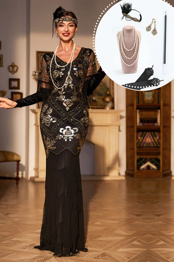 Black Sequined Fringed Long 1920 -tallet Gatsby kjole med tilbehør sett